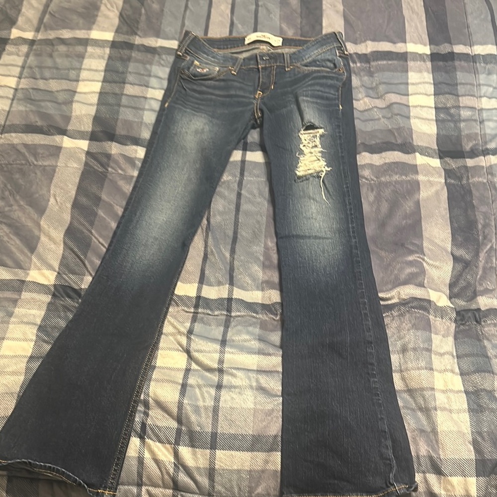 Hollister Blue Flare Wide Leg Jeans with Distressed Style